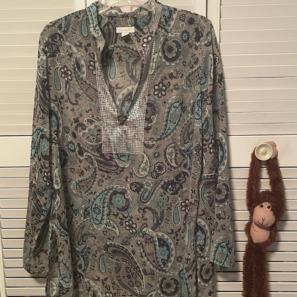 Blue Multicolored Embellished Tunic Top Size 16